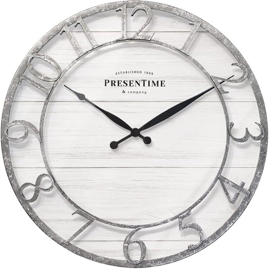 Presentime & Co 21" Farmhouse Series Wall Clock, Shiplap Style, Raised 3D Arabic Numeral, Galvanized Finish. Wall Décor for Living Room, Dining Room, and Entryway.