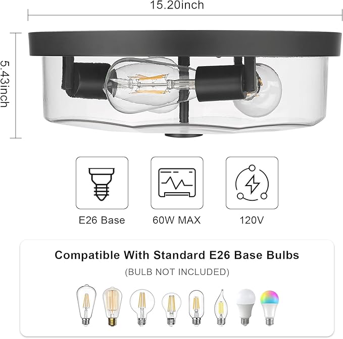 Flush Mount Ceiling Light with Clear Glass Shade, 3-Light Indoor Outdoor Farmhouse Lighting Flush Mount Lights for Kitchen Bedroom Porch Living Dining Room (Black)