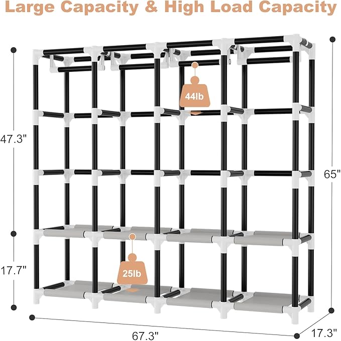 VTRIN Wardrobe Closet, 25mm Steel Tube Sturdy Portable Closet for Hanging Clothes, 67.3 Inch Portable Closet Wardrobe with Cover, 4 Hanging Rods, 8 Shelves, Free Standing Clothes Rack for Bedroom