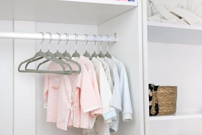 ManGotree 11" Baby Velvet Hangers, Non-Slip Infant Coat Hangers, Ultra-Thin Toddler Felt Hanger with 360° Swivel Hook, Space Saving Children's Hanger for Kids Clothes, 48 Pack (Grey)