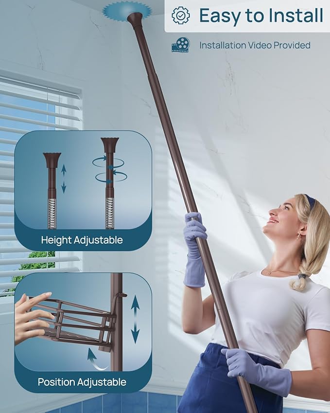 SEIRIONE Corner Shower Caddy Tension Pole, Adjustable Shower Organizer Corner with 4 Shelves, No Drilling Shower Shelf for Inside Shower, Shower Rack for Shower Storage,34 to 116 Inch Height,Bronze