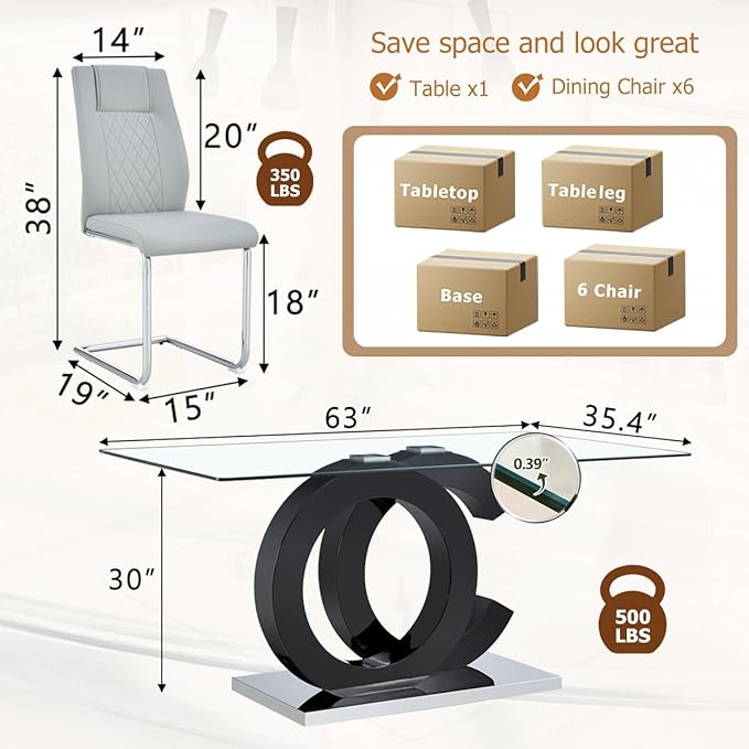 63'' Glass Dining Table Set for 6, Kitchen Table Chairs Set of 6, Clear Glass Dining Table with Black unique design Leg and Silver Metal Base, 6 PU Dining Chairs with Metal Legs, Living Room, Kitchen.