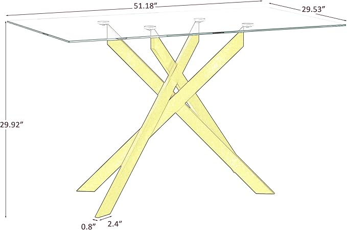 51.18" Glass Dining Table for 4-6, Dining Room Table with Clear Tempered Glass and Gold Metal Legs, Modern Rectangular Kitchen and Dining Room Dinner Table for Kitchen
