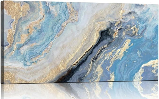 Abstract Canvas Wall Art Decor for Living Room Blue Gold Marbling Pictures Painting for Bedroom Modern Abstract Canvas Art Ptints for Bathroom Office Home Decorations