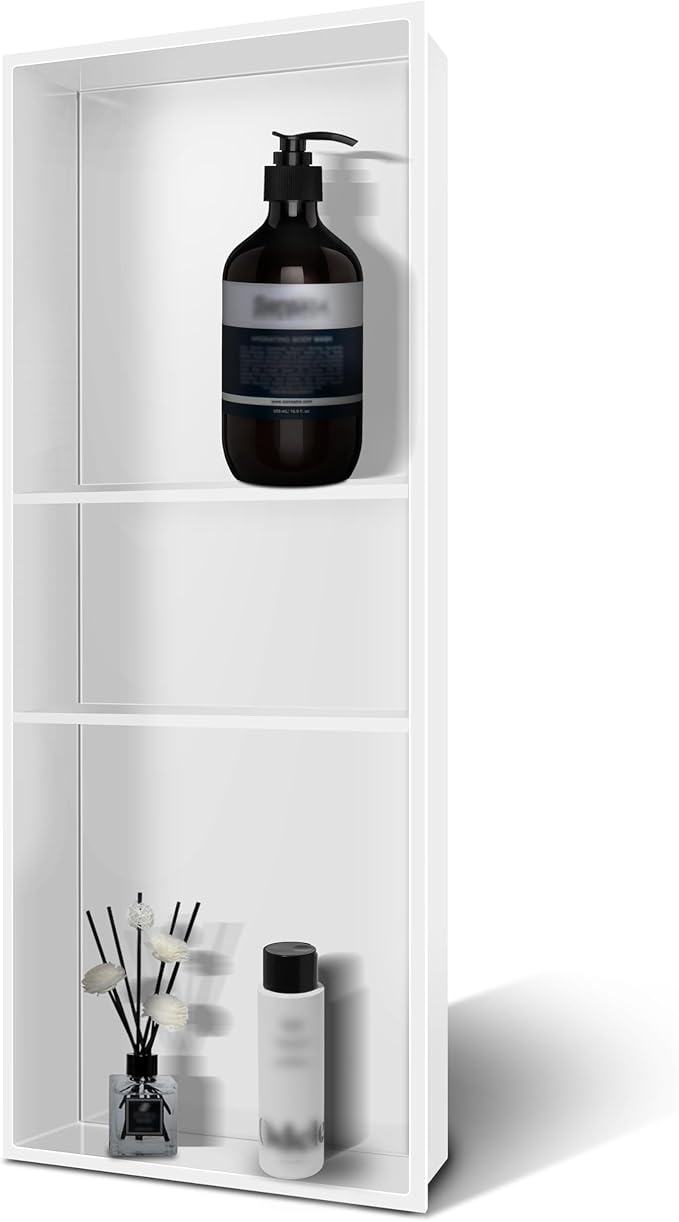 12" X 30" Shower Niche Insert Tile Ready, Niche for Shower Wall, 3-Tier Stainless Steel Recessed Shelves No Tile Needed for Bathroom Storage, White