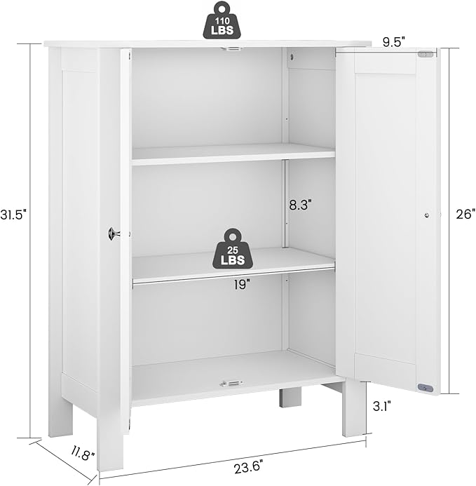 Bathroom Cabinet, Modern Bathroom Floor Storage Cabinet, Freestanding Organizer with Adjustable Shelves & Double Doors, 3-Tier Home Living Room Furniture