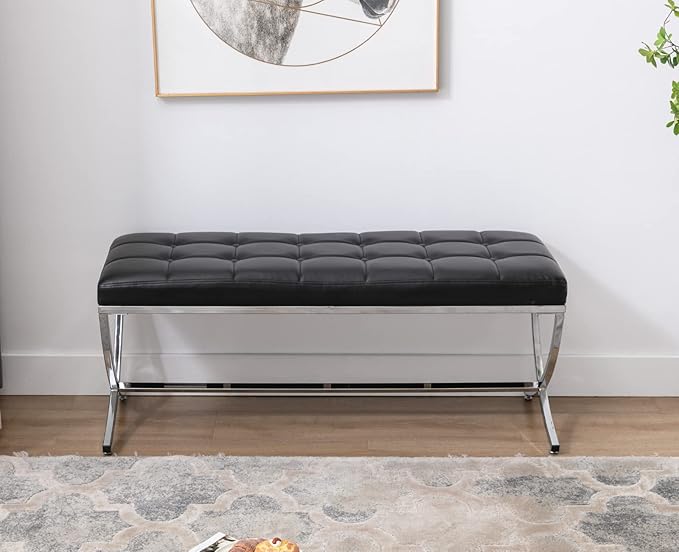 EALSON Modern Entryway Bench Leather Upholstered Dining Bench with Metal Base Button Tufted Ottoman Bench with Padded Seat Accent Foot Bench for Bedroom End of Bed/Living Room, Black