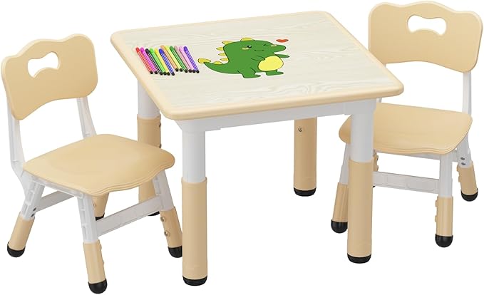 GAOMON Kids Table and 2 Chairs Set with Graffiti Desktop, Height Adjustable Toddler Table and Chairs Set for Reading, Drawing, Playing, Eating