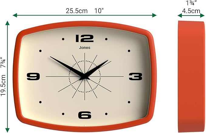 JONES CLOCKS® Movie Wall Clock | Rectangular Retro Clock | 10 inch | Orange | Cool mid-Century Designer Look for Kitchen, Living Room or Office