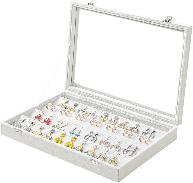 Coward Earring Organizer Tray Box, Grey Beige Velvet Earring Jewelry Display Storage Tray Case with Transparent Glass Lid for Home Drawer or Shop Selling