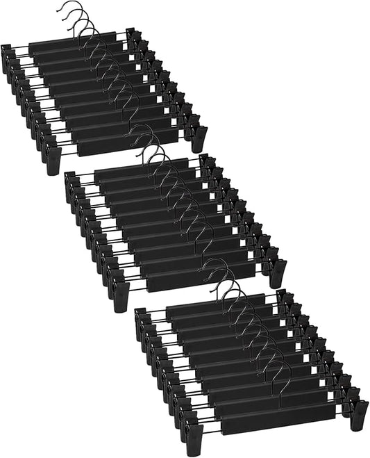 30 Pack Skirt Hangers，Pants Hangers with Clips，360 ° Swivel Hooks Space Saving Hangers for Pants, Skirts, Clothes, Jeans, Black