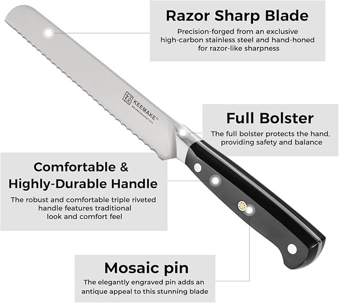 KEEMAKE 8 Inch Serrated Bread Knife for Homemade Bread, High Carbon Stainless Steel Razor Sharp Carving Knife, Sourdough Knife for Slicing Homemade Bread, Bagels, Cake