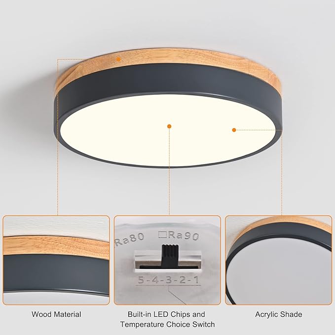 Dimmable Wood LED Flush Mount Ceiling Light, 5CCT 2700K-6000K Modern Round Close to Ceiling Lighting Fixtures, Minimalist Grey Ceiling Lamp for Bedroom, Kitchen, Laundry Room, Hallway