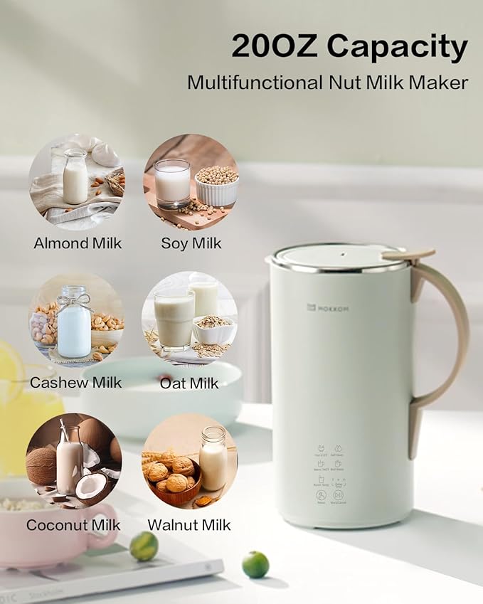 MOKKOM Automatic Nut Milk Maker, 20 oz Soy Milk Maker, Homemade Almond, Oat, Coconut, Soy, Plant-Based Milk and Dairy Free Beverages, Almond Milk Maker with Delay Start/Boild Water/Self Clean - Green