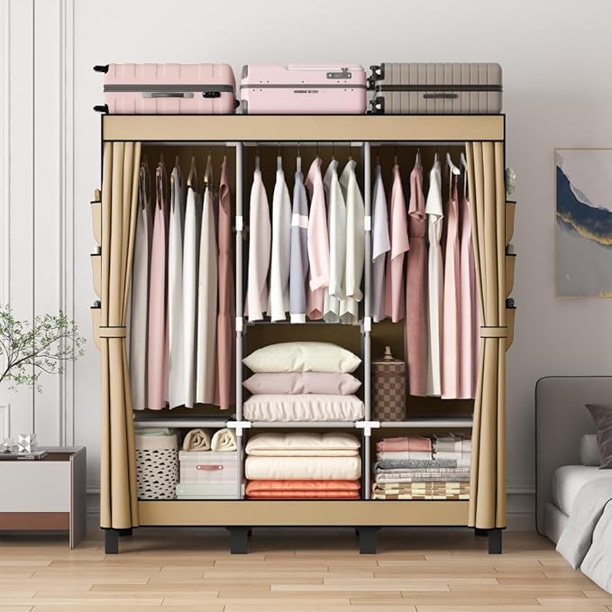 Portable Closet, Clothes Storage Box, Simple Wardrobe for Hanging Clothes, Multiple Shelves and 3 booms,6 Side Pockets (Black)” (Cream Colour, Large)