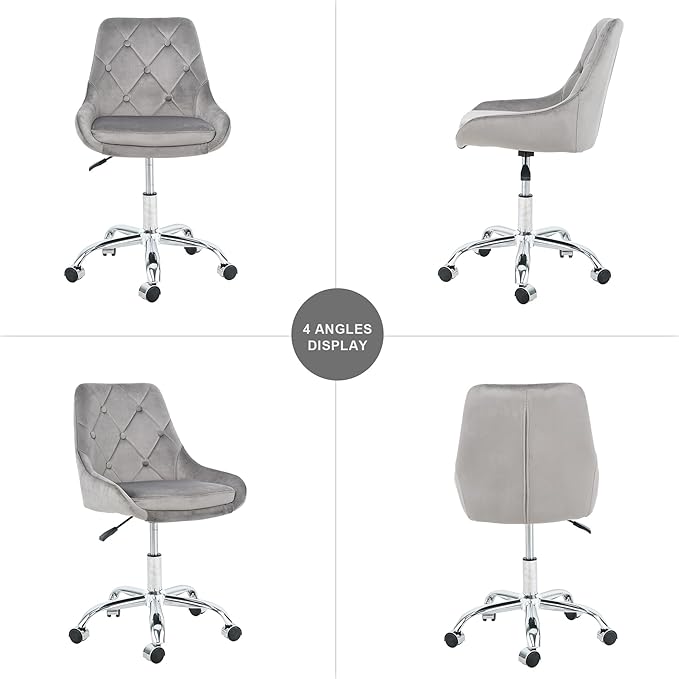 Furnimart 360° Swivel Rolling Desk Chair, Height Adjustable Vanity Chair with Silver Legs, Cute Task Chair with Wheels for Dorm Bedroom Studying Small Places (Velvet Gray)