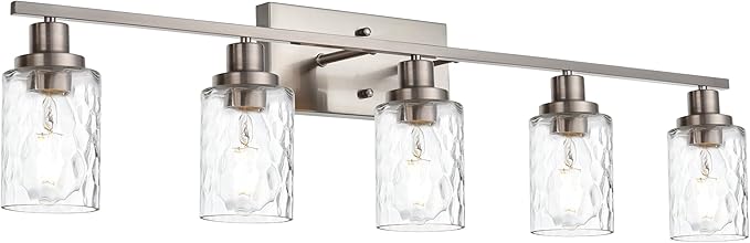MELUCEE 5-Light Bathroom Light Fixtures Brushed Nickel Finish, Modern Vanity Light Industrial Wall Lamp with Clear Hammered Glass Shade for Powder Room Bedroom (Patent No.: US D963914 S)