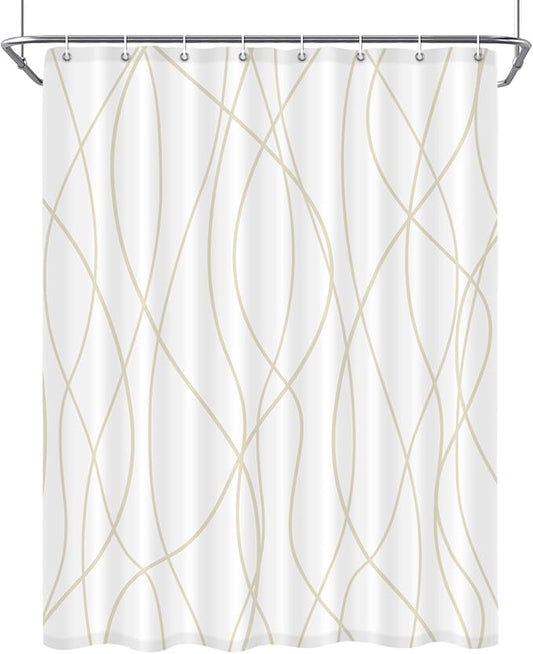 Punkray Beige Khaki Shower Curtain for Bathroom with Hooks, Extra Long Shower Curtain Set Stripe Bath Curtains Decorative White Shower Curtains Weighted Hem Water Repellent Washable, 54 x 72