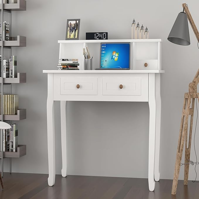 Kids Study Desk, 32" Small Wooden Writing Desk with 4 Drawers for Home Office, 6-16 Years Girls Boys Study Table with Hutch for Bedroom Study Room, Compact Computer Desk, Vanity Makeup Table, White