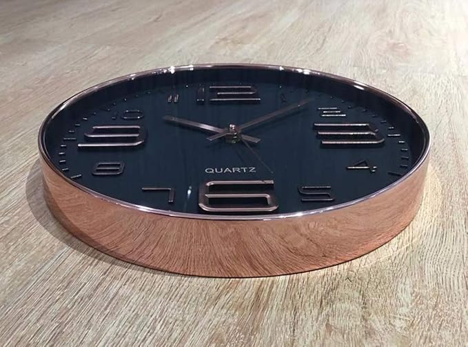 Bernhard Products Black Wall Clock - 12 Inch Rose Gold Silent Non Ticking Quality Quartz Battery Operated Easy to Read Decorative Modern Design for Home/Office/Kitchen/Bedroom/Living Room