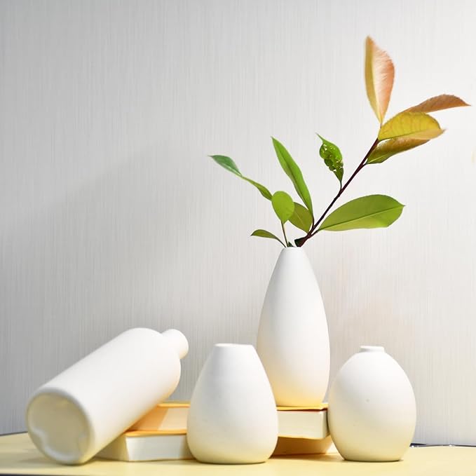 Vase Set of 4,White Decorative Vases for Home Decor,Bedroom,Farmhouse,Study Room,Living Room Decor Ceramic Small Vases Modern Dry Flower Vase
