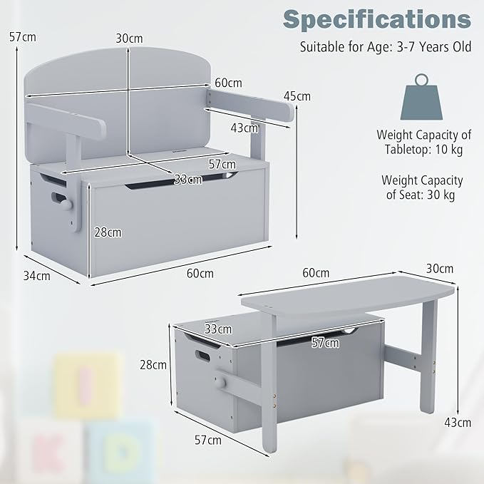 HONEY JOY Kids Table and Chair Set, 3-in-1 Convertible Wooden Toy Storage Bench with Handle, Toddler Furniture Set for Daycare Playroom, Gift for Boys Girls 3+ (Gray)
