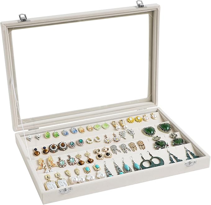 Wudygirl Jewelry Organizer Velvet Earring Organizer with Clear Lid 32 Pairs Earring Holder Jewelry Tray Display Case (Beige 64 Slot)