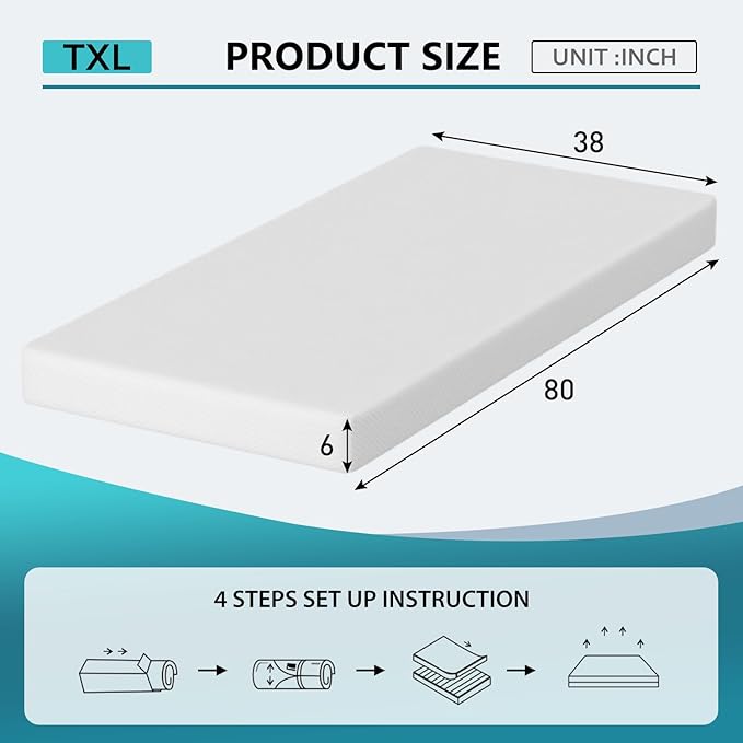PayLessHere 6 Inch Gel Memory Foam Mattress Medium Firm Mattresses CertiPUR-US Certified Bed-in-a-Box Pressure Relieving Twin XL Size,Fiberglass Free，White