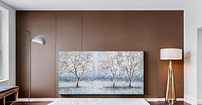 NdcSkyArt Blue Grey Tree Paintings Hand Painted Canvas Wall Art with Gold Foil Modern Abstract Grey Contemporary Rustic Farmhouse Family Tree Landscape Pictures Scenery Artwork