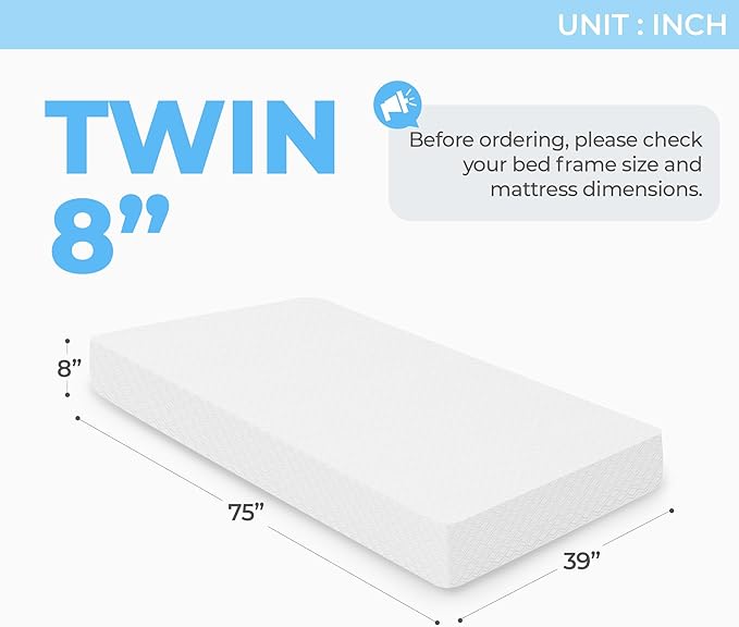 Neo Sleep 8 Inch Twin Cooling Gel Memory Foam Mattress Medium Firm CertiPUR-US Certified Foam, Mattress in a Box Enhanced Pressure Relief Removable Soft Cover No Fiberglass (Twin, 8 in)