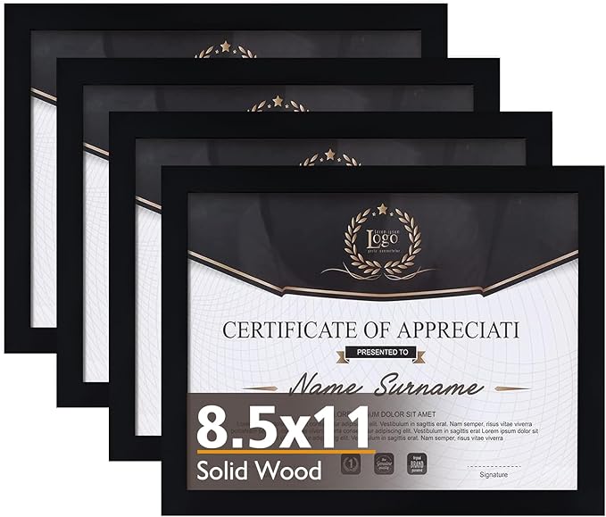 KINLINK 8.5x11 Picture Frames Black, Solid Wood Diploma Frames with Acrylic Plexiglass for Pictures, Certificate Degree Document Frame Tabletop and Wall Display, Set of 4