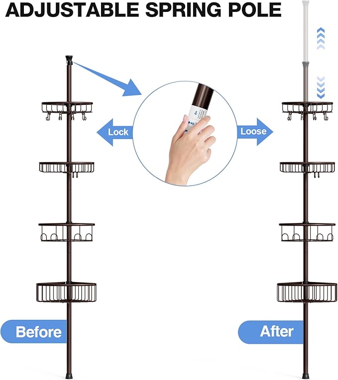 Corner Shower Caddy Tension Pole: Stainless Steel Rustproof 4-Tier Shower Organizer - 47-121 inch Adjustable Bathroom Shelves for Bathtub Shampoo Storage - Tension Rod Floor Standing Bath Rack -Bronze