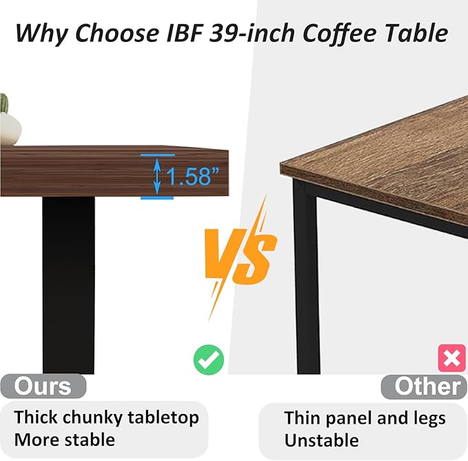 IBF Walnut Coffee Table, Minimalist Wooden Living Room Table, Modern Simple Rectangle Center Table, Vintage Rustic Wood and Metal Cocktail Tea Coffee Table for Home Bedroom Office, Walnut, 39 Inch
