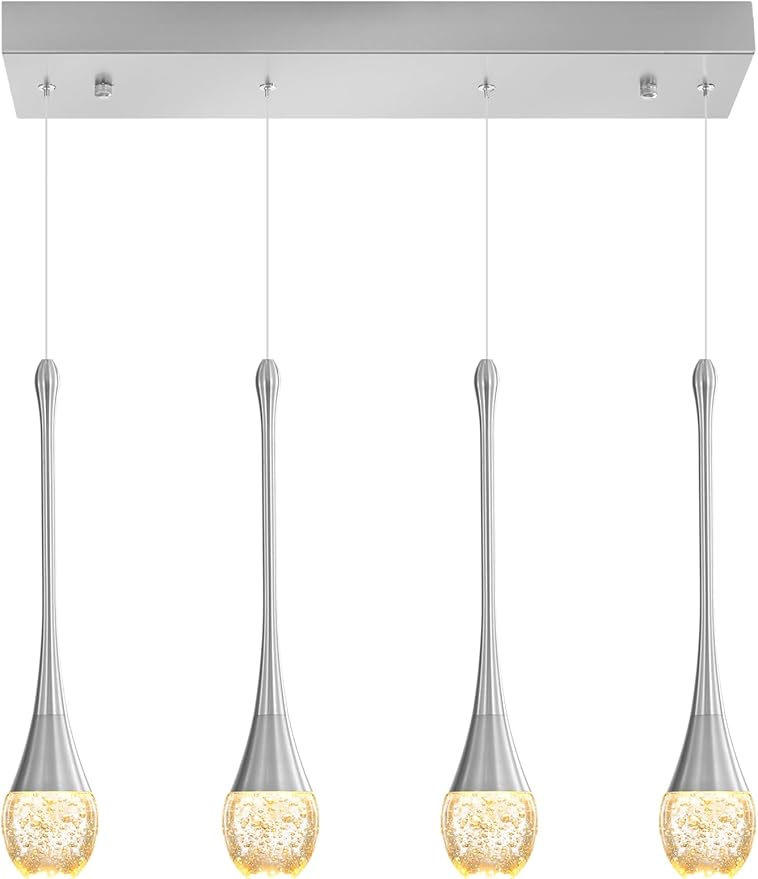 Dining Room Light Fixture 4-Light Silver Kitchen Island Lighting Industrial Linear Crystal Chandeliers for Dining Room Pendant Light Fixture for Living Room Hallway Bedroom