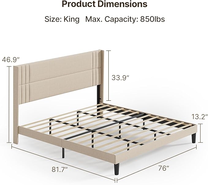 Gizoon King Bed Frame with Wingback Headboard, Upholstered Platform Bed with Modern Geometric Headboard, Wooden Slats, Noise-Free, No Box Spring Needed