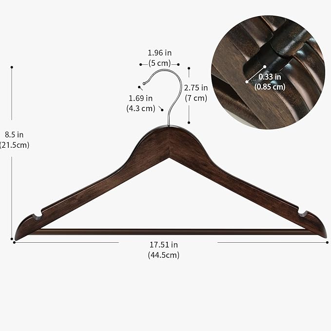 30 Pack Wooden Coat Hangers, 360° Swivel Hook, Suit Hangers with Anti-Slip Notches, for Jackets, Shirts, Dress, Dark Walnut, UAWY0530H