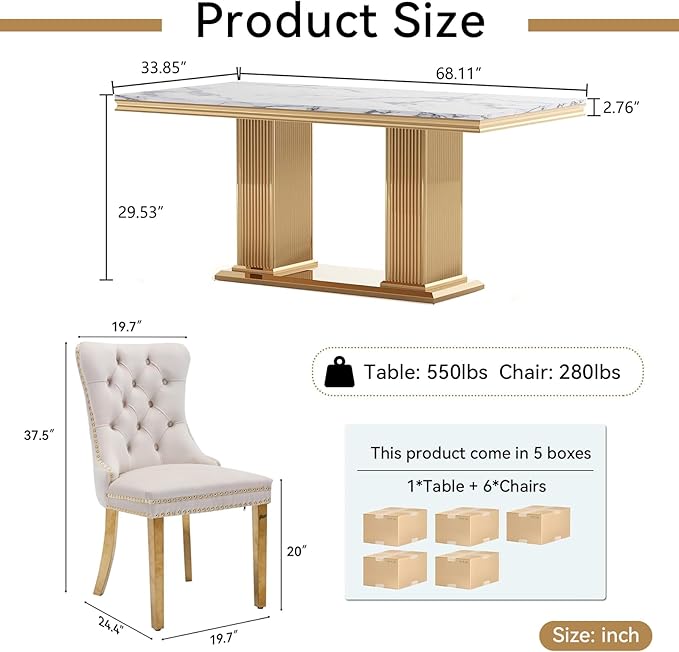 68" Faux Marble Dining Table Set for 6, 7-Piece Dining Set with White Gold Kitchen Table and 6 Velvet Tufted Chairs, Modern Rectangular Dining Room Tables with Column-Shape Stainless Steel Base