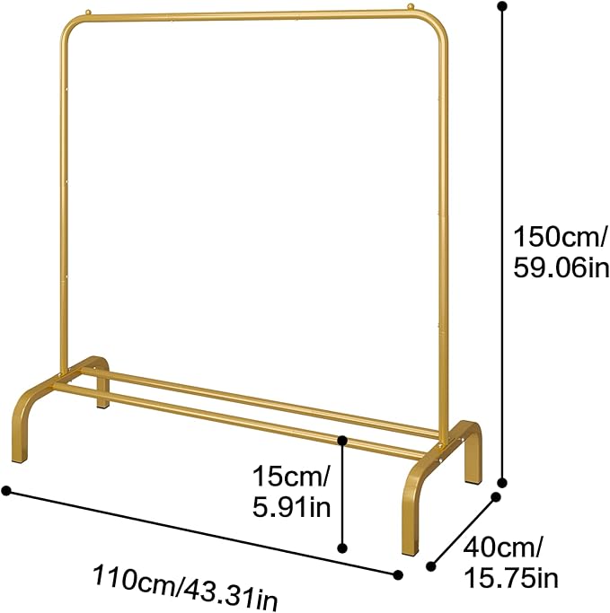 JIUYOTREE Metal 43.3 Inches Garment Rack with Bottom Shelf Clothing Rack for Hanging Clothes Coats Skirts Shirts Sweaters Gold