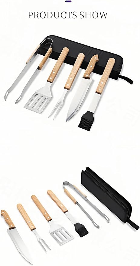 Grill Tools Set Stainless Steel, Grill Utensils Set with Wood Handles, Barbecue Tools Set for Outdoor, Ideal Grill Kit for Cooking. (5A)