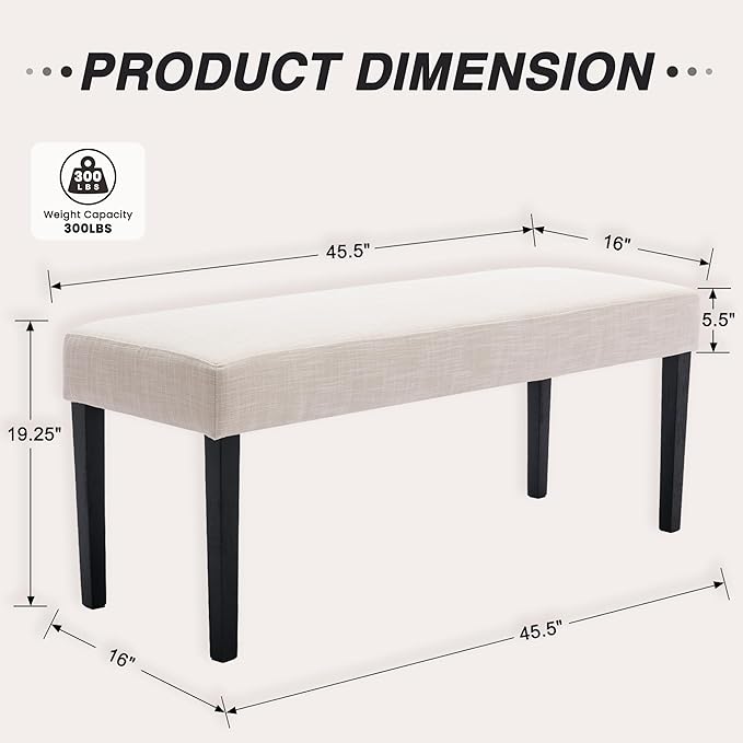 Farmhouse Upholstered Dining Bench Seat, 45" Linen Entryway Bench with Black Wood Legs, Mid Century Modern End of Bed Bench for Kitchen Bedroom Living Room Hallway, for 2-3 Person, Beige