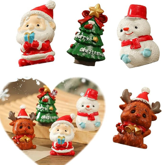 Christmas Decor Set - 4Pcs Cartoon Style Santa Claus Snowman Reindeer Tree Resin Tabletop Decor for Home Desk Shelf, Christmas Village Miniatures Set
