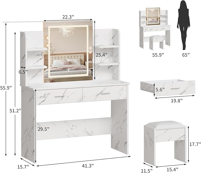 GAOMON Makeup Vanity Desk with Lights and Mirror, Vanity Table with 3 Lighting Modes, Storage Drawer, Shelves, Charging Station and Included Stool for Bedroom, Marble White