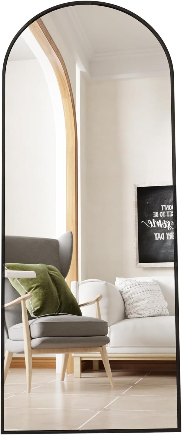 Beauty4U Arched Full Length Mirror - Standing or Leaning, Bedroom Dressing Mirror with Black Aluminum Alloy Frame, 65" x 24"