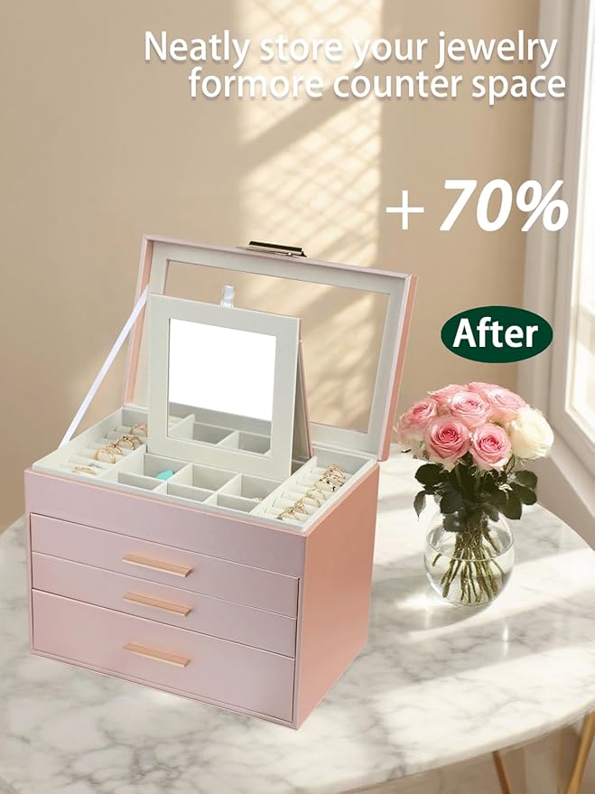 BOOVO Jewelry Boxes for Women, White and Black 4 Layer Large Jewelry Box for Necklace, Bracelet, Earrings, Rings Storage, Jewelry holder Organizer for Girls Gift (Rose gold, 4 layer)