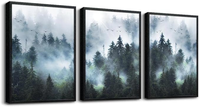 DZRWUBHS Black Framed Wall Art - Foggy Forest Paintings, Trees Landscape - 3 Piece Framed Art for Living Room, Bedroom & Office Decor