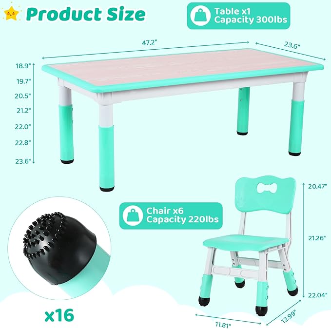 Arlopu Kids Table and 6 Chairs Set, Height Adjustable Graffiti Desk, Preschool Activity Art Craft Table, for Daycare Classroom Home Boys and Girls Age 3-12 (Light Green)