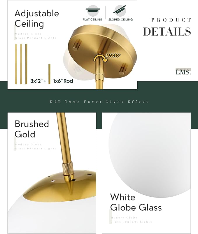 LMS 10 Inch Globe Pendant Lights, Brushed Gold Mid Century Kitchen Island Light Fixtures with White Globe Glass Shade, Adjustable Hanging Rod, Dining Room Kitchen, LMS-186PL-BGW-10