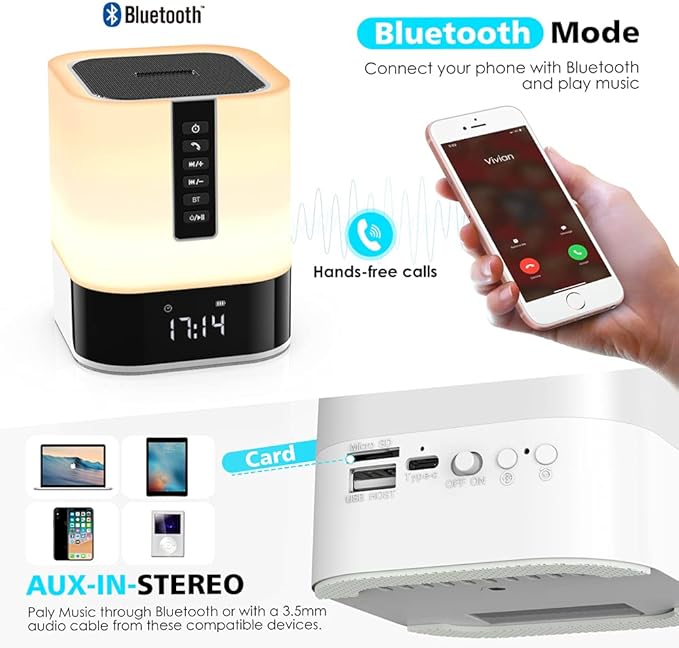 Night Light Bluetooth Speaker, 5 in 1 Touch Control Bedside Lamp Dimmable Multi-Color Changing, Bedroom Alarm Clock, Best Birthday Gift Ideas for 10 11 12 13 14 Year Old Teenage Girls/Boys