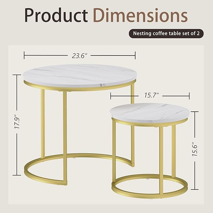 Nesting Tables Set of 2, Round Coffee Table, Small Nesting Coffee Table with Adjustable Non-Slip Fee, White Marble Top Stack Nesting Tables Set of 2 for Living Room, Bedroom (White)