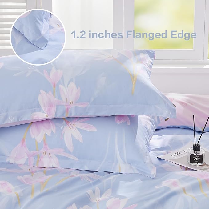 SAPHREAS Pink Orchid Flower Pattern Duvet Cover Set King Size 3pcs Blue Floral Bedding Comforter Cover Set 100% Cotton 1 Duvet Cover 104"x90" 2 Pillow Shams, Comforter Not Included